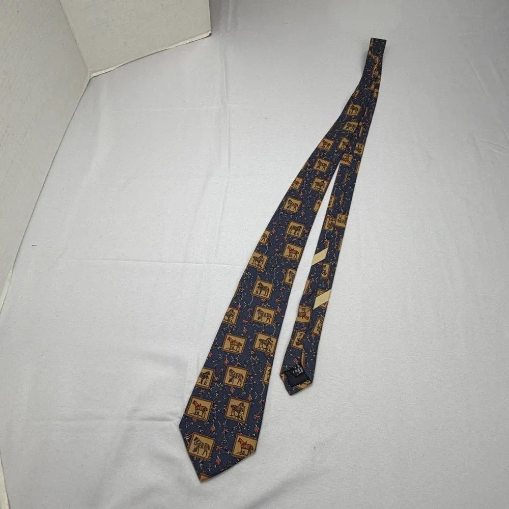 Salvatore Ferragamo Tie Mens OS Blue Silk Equestrian Horse Framed Print Italy